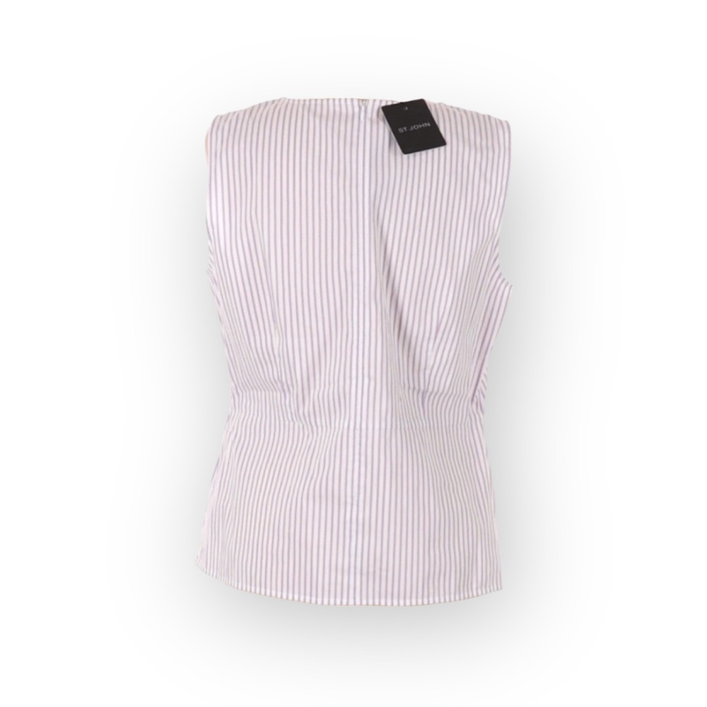 new St John ❉ Pinstripe Twist Front Peplum Top ❉ Orchid Stripe Chain Detail ❉ M - Picture 9 of 16